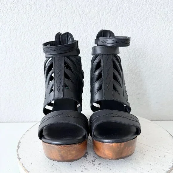 Lane Boots BECCA Womens Black Wedges 8.5 Western Sandals Cowgirl Wooden Heels - Picture 5 of 10